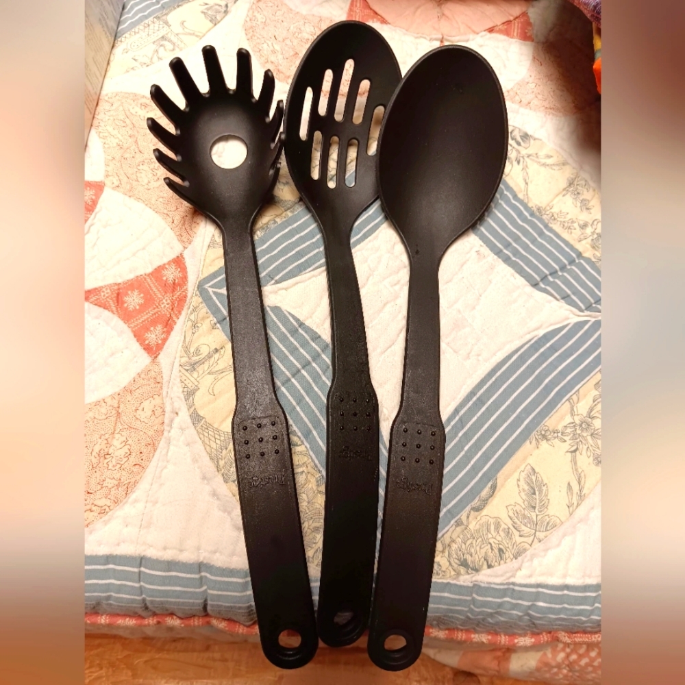 Prestige three piece serving utensils and 2 pc croften wooden utensils